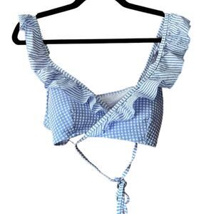 NWOT Aerie Women's Gingham Seersucker Scoop Wrap Bikini Top Blue Size Large